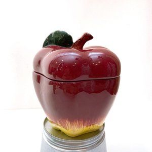 VTG Red Apple Cookie Jar Stem Green Leaves Handles